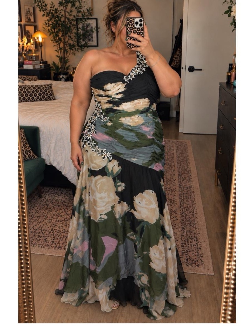 May Queen Size 20 Floral One Shoulder Beaded Formal Maxi Dress